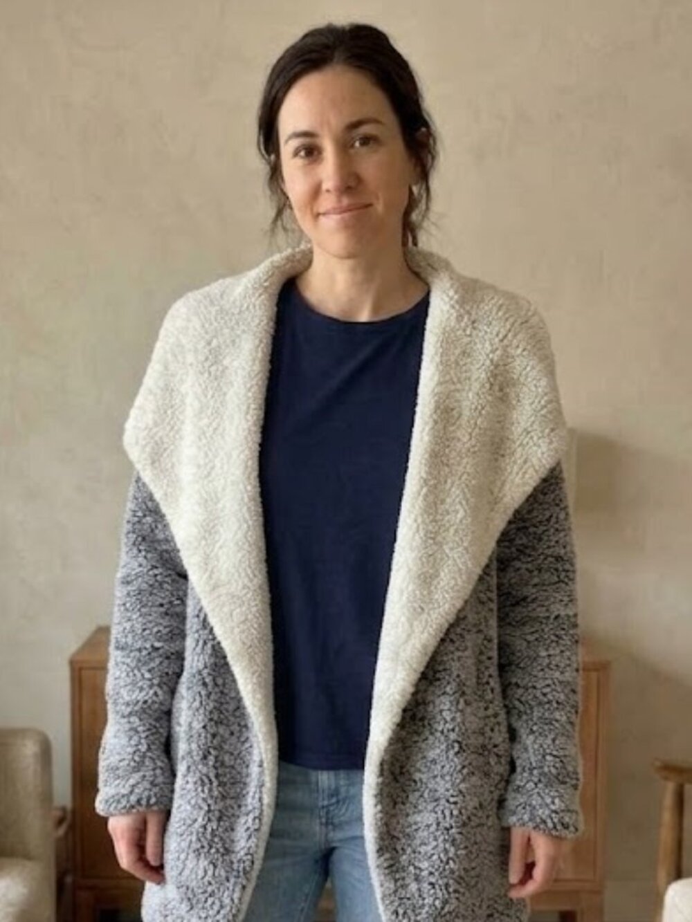 Sherpa Fleece Coat Open Front Gray  Womens Size L with side Pockets